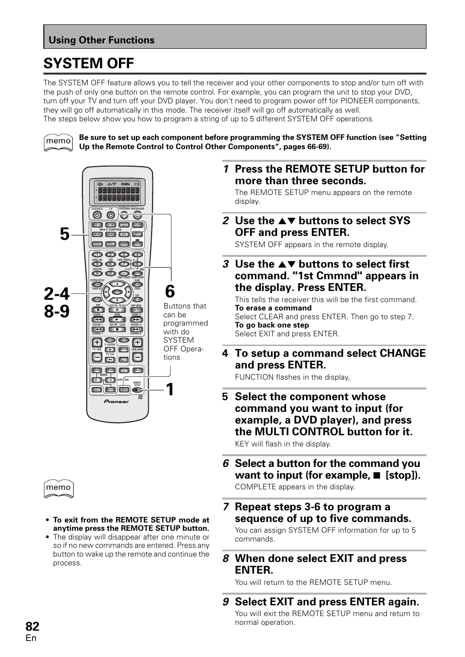 System off, 4 to setup a command select change and press enter, 8 when done select exit and press enter | 9 select exit and press enter again, Using other functions, System off appears in the remote display, Function flashes in the display, Key will flash in the display, Complete appears in the display, You will return to the remote setup menu | Pioneer VSX-D2011-G User Manual | Page 82 / 120