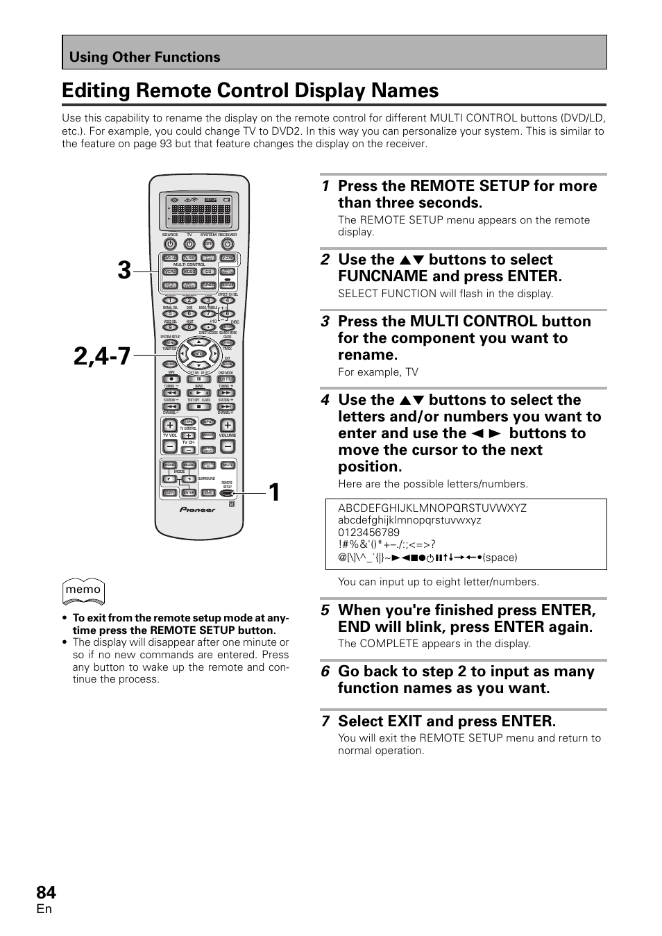 Editing remote control display names, Using other functions, Select function will flash in the display | For example, tv, The complete appears in the display | Pioneer VSX-D2011-G User Manual | Page 84 / 120