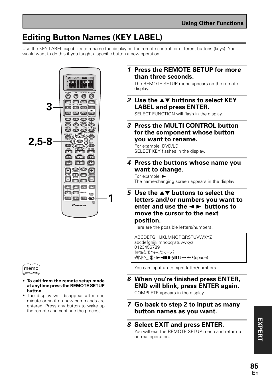 Editing buttons names (key label), Editing button names (key label), Exper t | 4 press the buttons whose name you want to change, Using other functions, Select function will flash in the display, Complete appears in the display | Pioneer VSX-D2011-G User Manual | Page 85 / 120