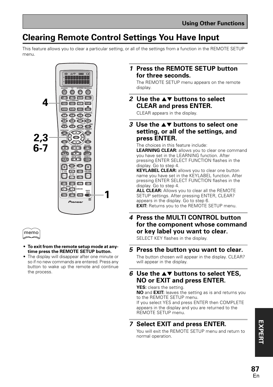 Clearing remote control settings you have input, Exper t, 1 press the remote setup button for three seconds | 5 press the button you want to clear, 7 select exit and press enter, Using other functions, Clear appears in the display, Select key flashes in the display | Pioneer VSX-D2011-G User Manual | Page 87 / 120