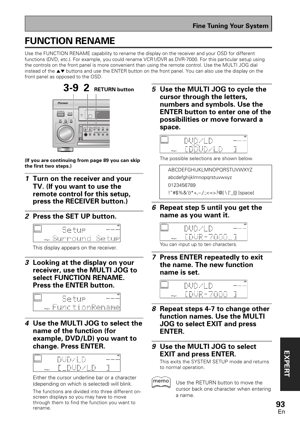 Function rename, Exper t, Fine tuning your system | This display appears on the receiver, Return button, You can input up to ten characters | Pioneer VSX-D2011-G User Manual | Page 93 / 120