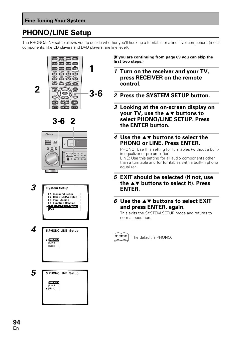 Phono/line setup, Fine tuning your system, The default is phono | Pioneer VSX-D2011-G User Manual | Page 94 / 120