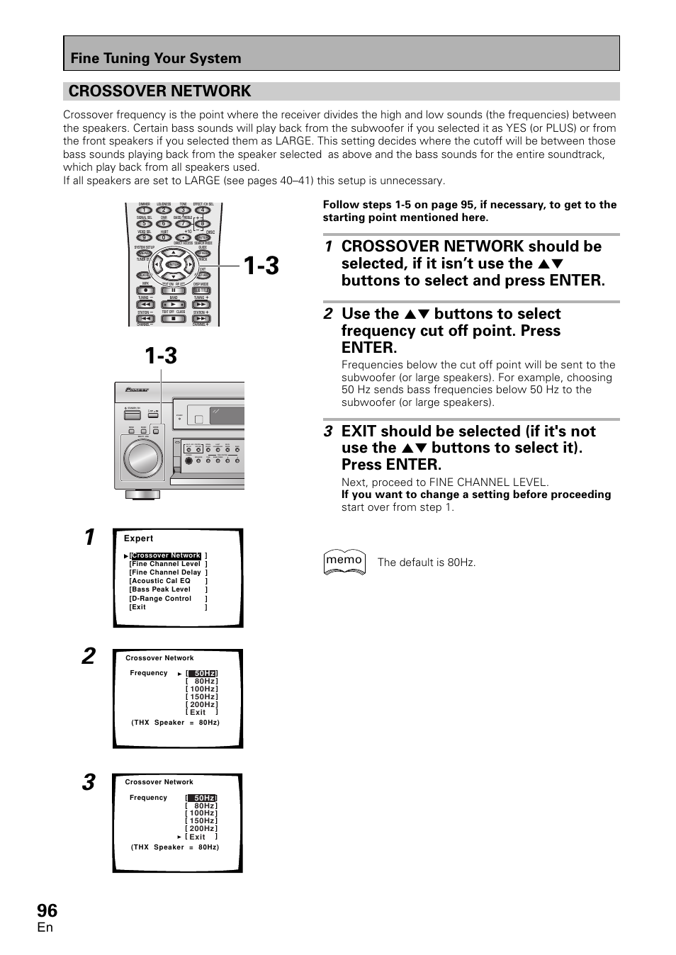 Crossover network, Fine tuning your system, The default is 80hz | Pioneer VSX-D2011-G User Manual | Page 96 / 120