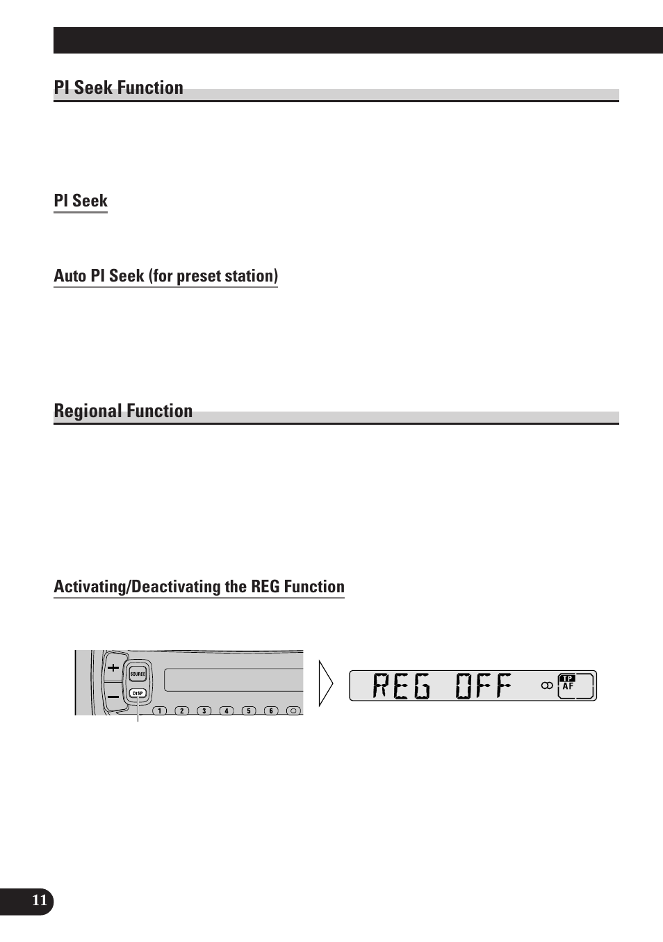 Pi seek function, Pi seek, Auto pi seek (for preset station) | Regional function, Activating/deactivating the reg function, A title (english) using rds functions | Pioneer DEH-2130R User Manual | Page 12 / 80