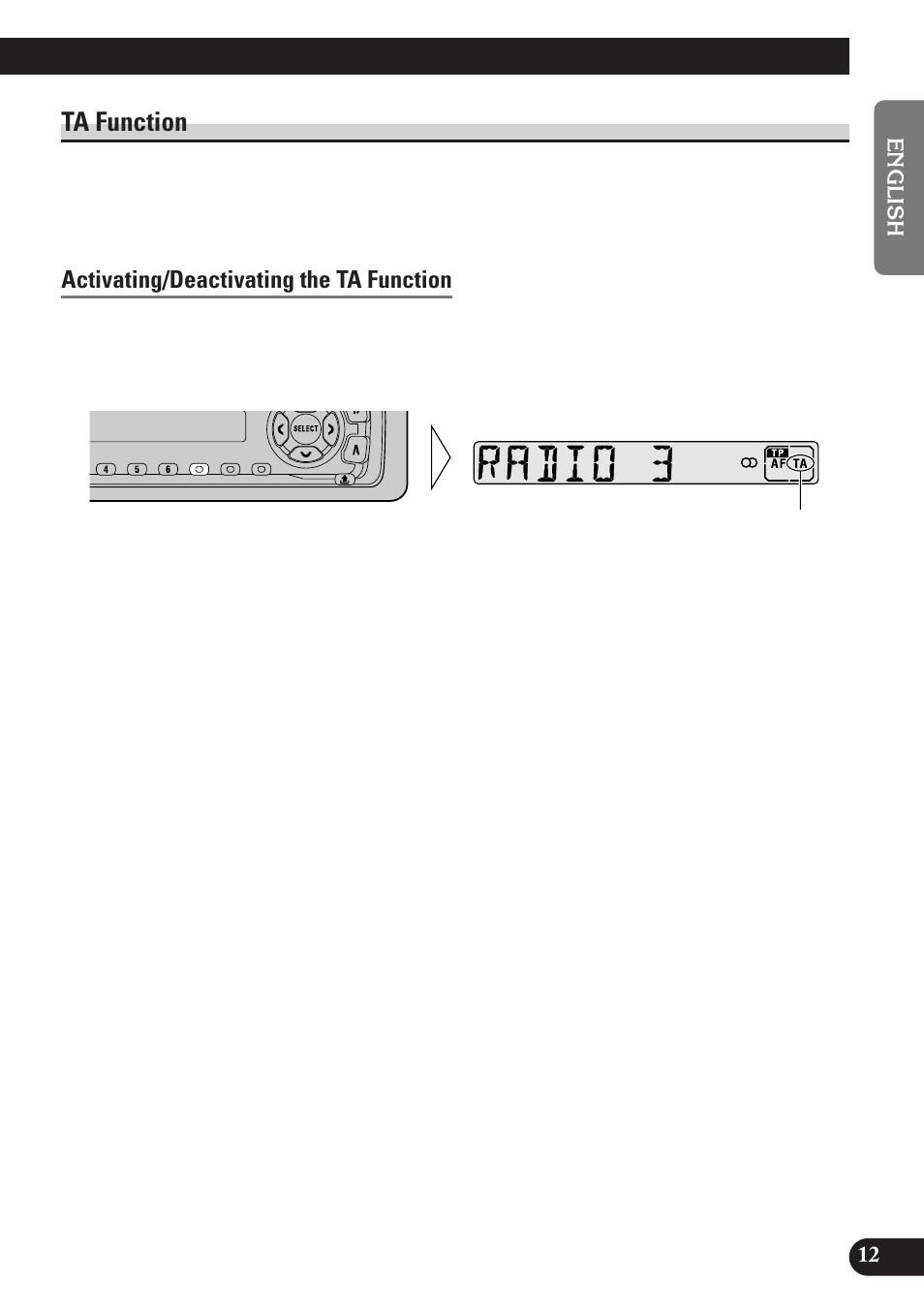 Ta function, Activating/deactivating the ta function, Canceling traffic announcements | Adjusting the ta volume, Tp alarm function, A title (english) | Pioneer DEH-2130R User Manual | Page 13 / 80