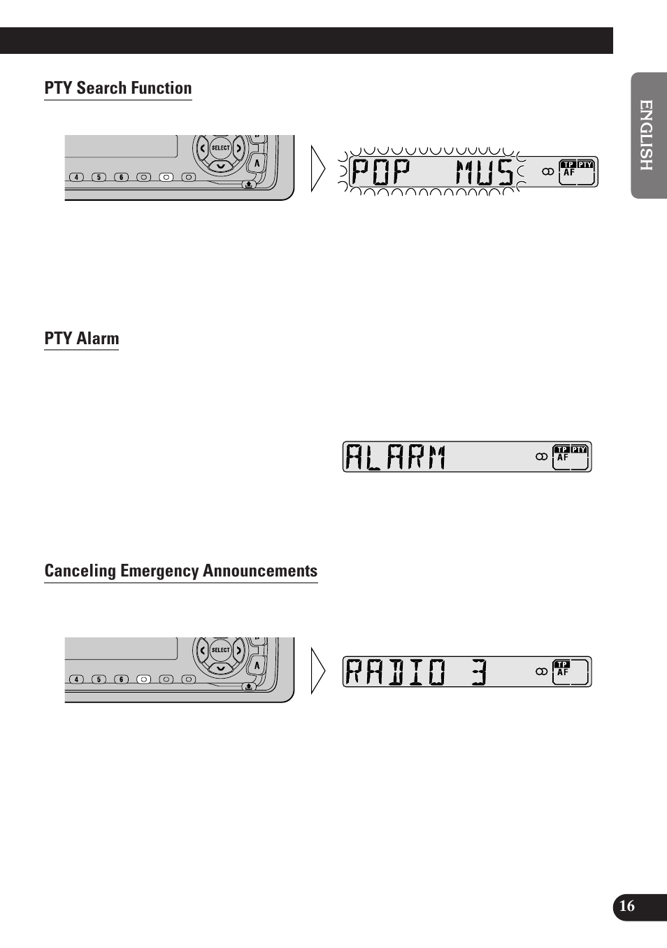 Pty search function, Pty alarm, Canceling emergency announcements | Pioneer DEH-2130R User Manual | Page 17 / 80