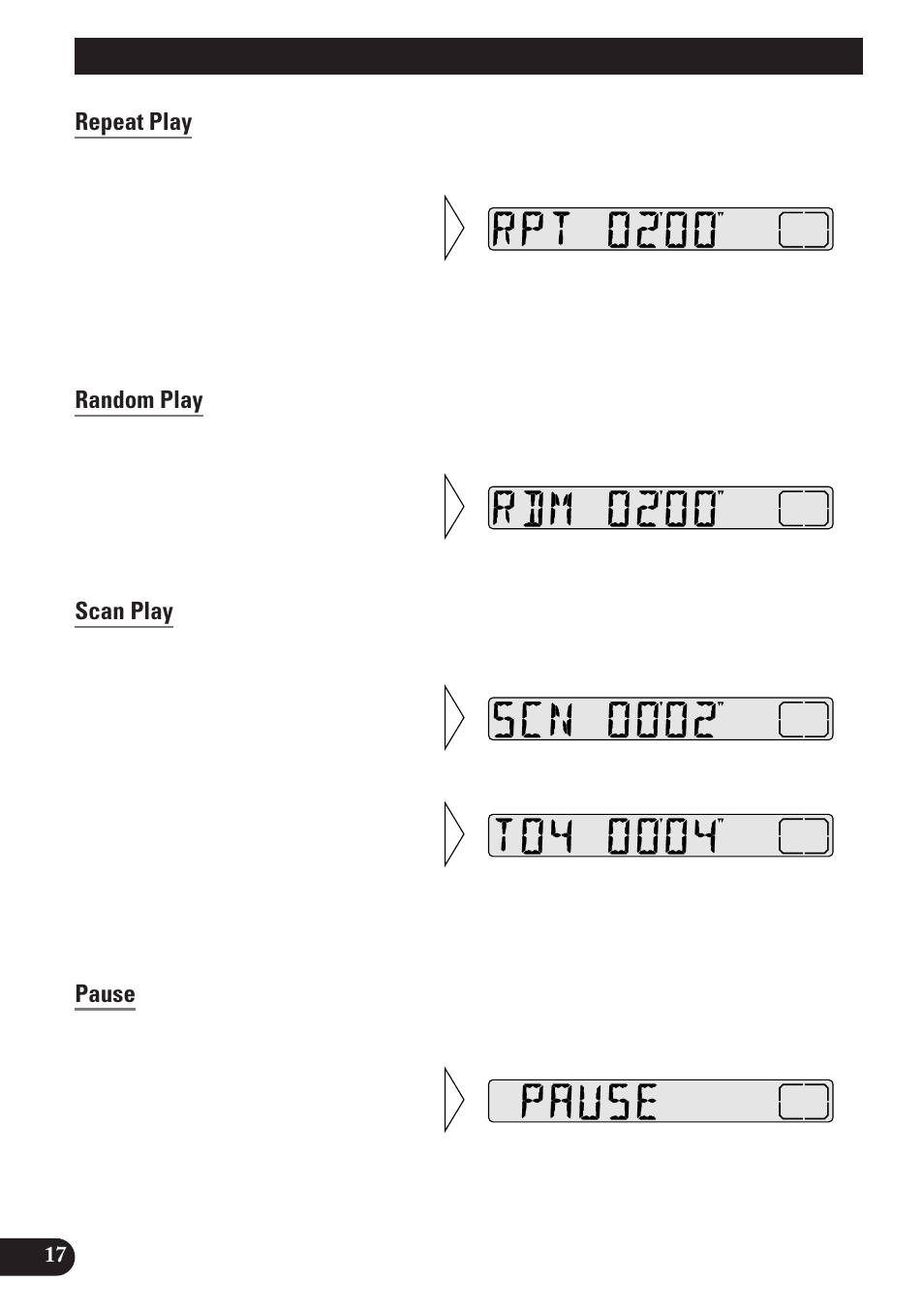 Using the built-in cd player, Repeat play, Random play | Scan play, Pause, A title (english) using the built-in cd player | Pioneer DEH-2130R User Manual | Page 18 / 80