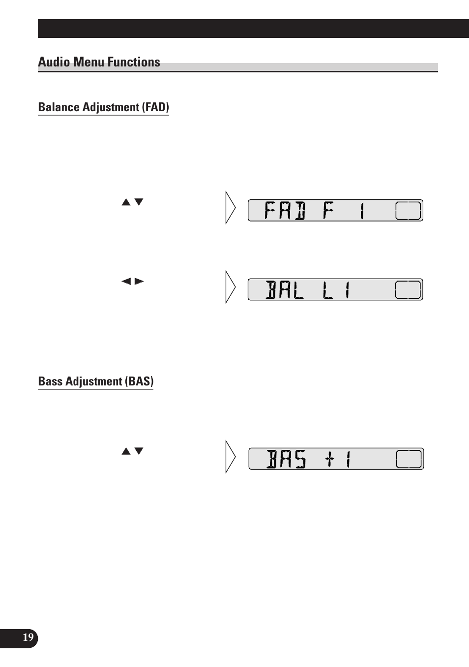 Audio menu functions, Balance adjustment (fad), Bass adjustment (bas) | Treble adjustment (tre), Loudness adjustment (loud), Audio adjustment | Pioneer DEH-2130R User Manual | Page 20 / 80