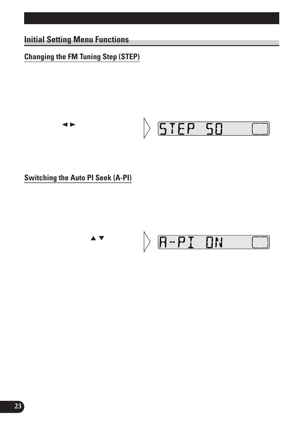 Initial setting menu functions, Changing the fm tuning step (step), Switching the auto pi seek (a-pi) | A title (english) initial setting | Pioneer DEH-2130R User Manual | Page 24 / 80