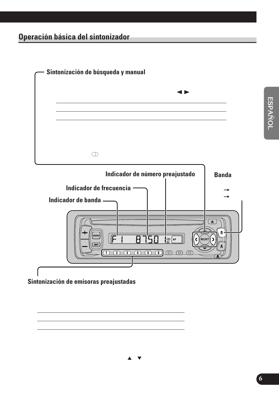 Operación básica del sintonizador, Banda, Sintonización de búsqueda y manual | Sintonización de emisoras preajustadas | Pioneer DEH-2130R User Manual | Page 33 / 80