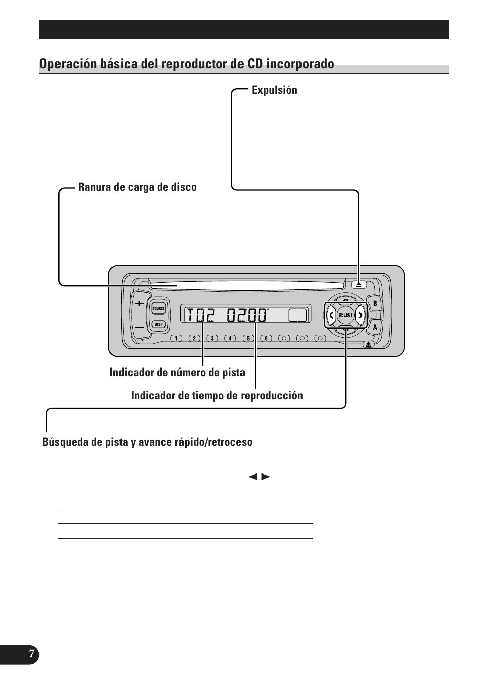 Operación básica del reproductor de cd, Incorporado, Búsqueda de pista y avance rápido/retroceso | Ranura de carga de disco, Expulsión, Operación básica, Operación básica del reproductor de cd incorporado | Pioneer DEH-2130R User Manual | Page 34 / 80