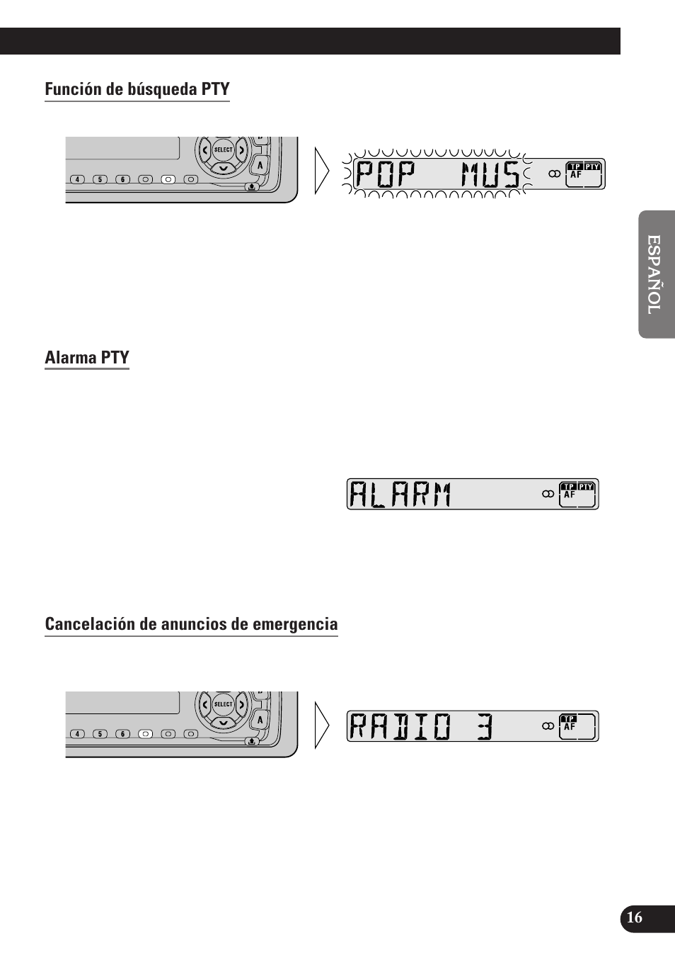 Función de búsqueda pty, Alarma pty, Cancelación de anuncios de emergencia | Pioneer DEH-2130R User Manual | Page 43 / 80