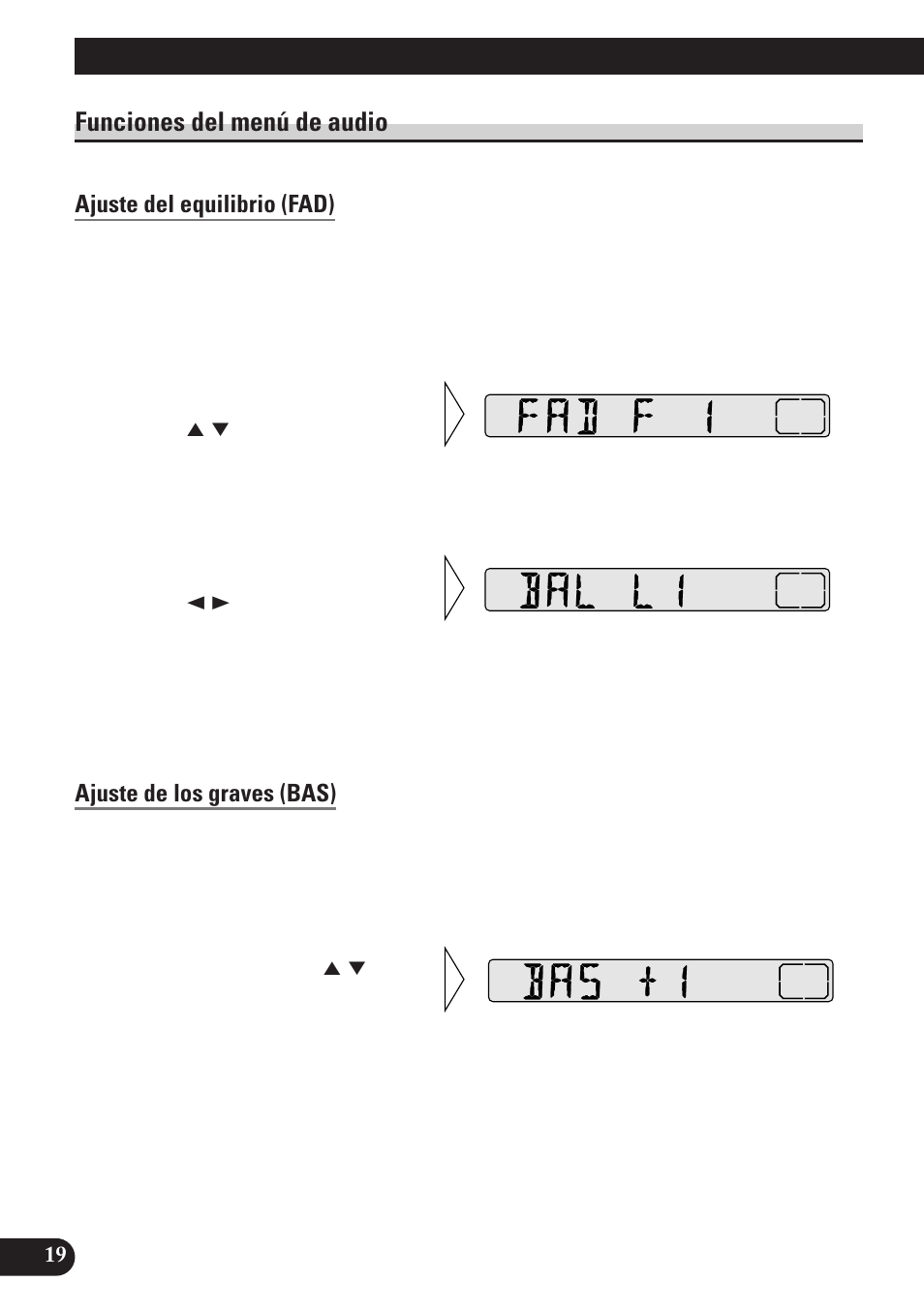 Funciones del menú de audio, Ajuste del equilibrio (fad), Ajuste de los graves (bas) | Ajuste de los agudos (tre), Ajuste de sonoridad (loud), Ajuste de audio | Pioneer DEH-2130R User Manual | Page 46 / 80