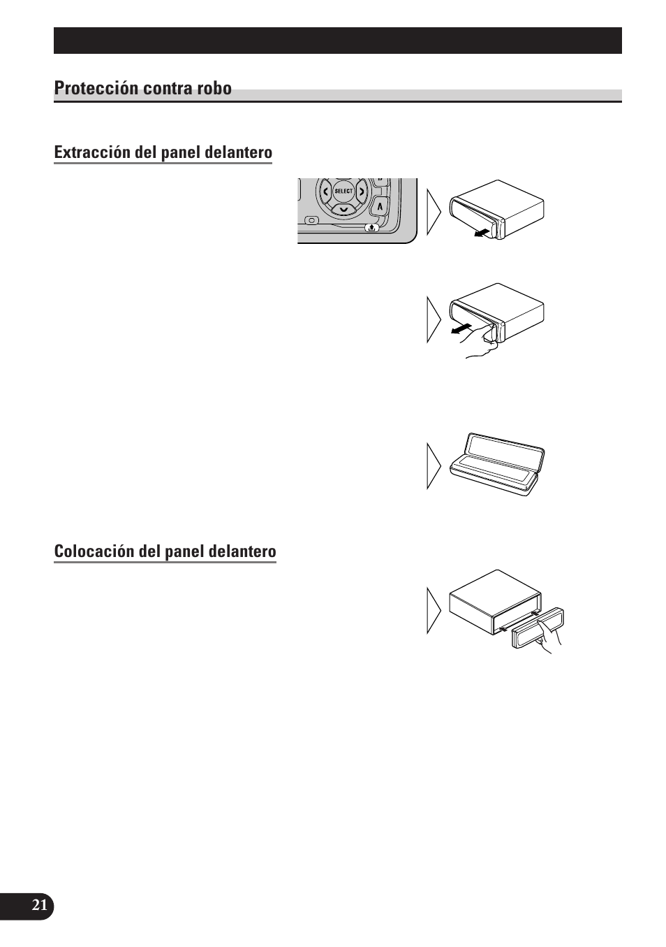 Extracción y colocación del panel, Delantero, Protección contra robo | Extracción del panel delantero, Colocación del panel delantero, Extracción y colocación del panel delantero | Pioneer DEH-2130R User Manual | Page 48 / 80