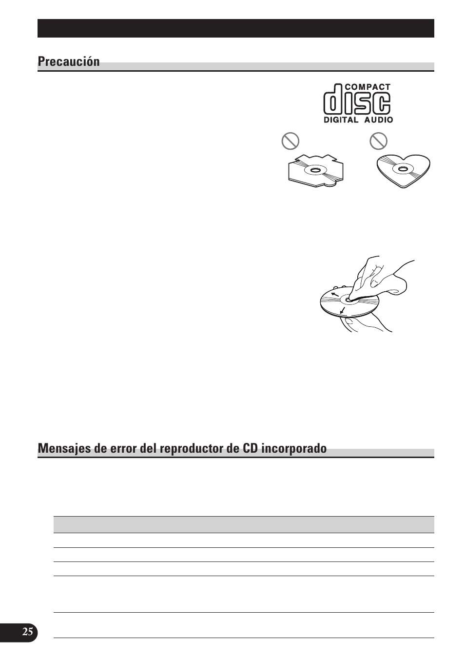 Reproductor de cd y cuidado, Precaución mensajes de error del reproductor de cd, Incorporado | Precaución | Pioneer DEH-2130R User Manual | Page 52 / 80