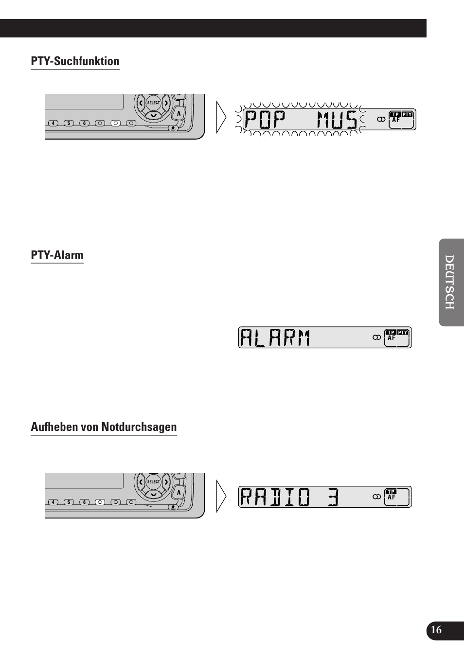 Pty-suchfunktion, Pty-alarm, Aufheben von notdurchsagen | Pioneer DEH-2130R User Manual | Page 69 / 80