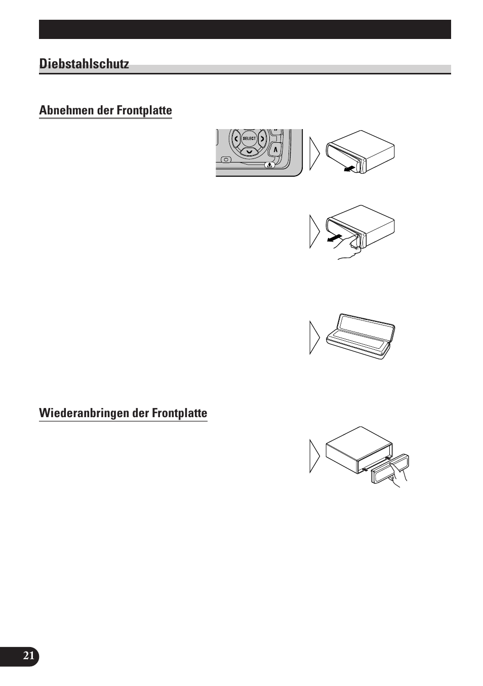 Abnehmen und wiederanbringen, Der frontplatte, Diebstahlschutz | Abnehmen der frontplatte, Wiederanbringen der frontplatte, Abnehmen und wiederanbringen der frontplatte | Pioneer DEH-2130R User Manual | Page 74 / 80
