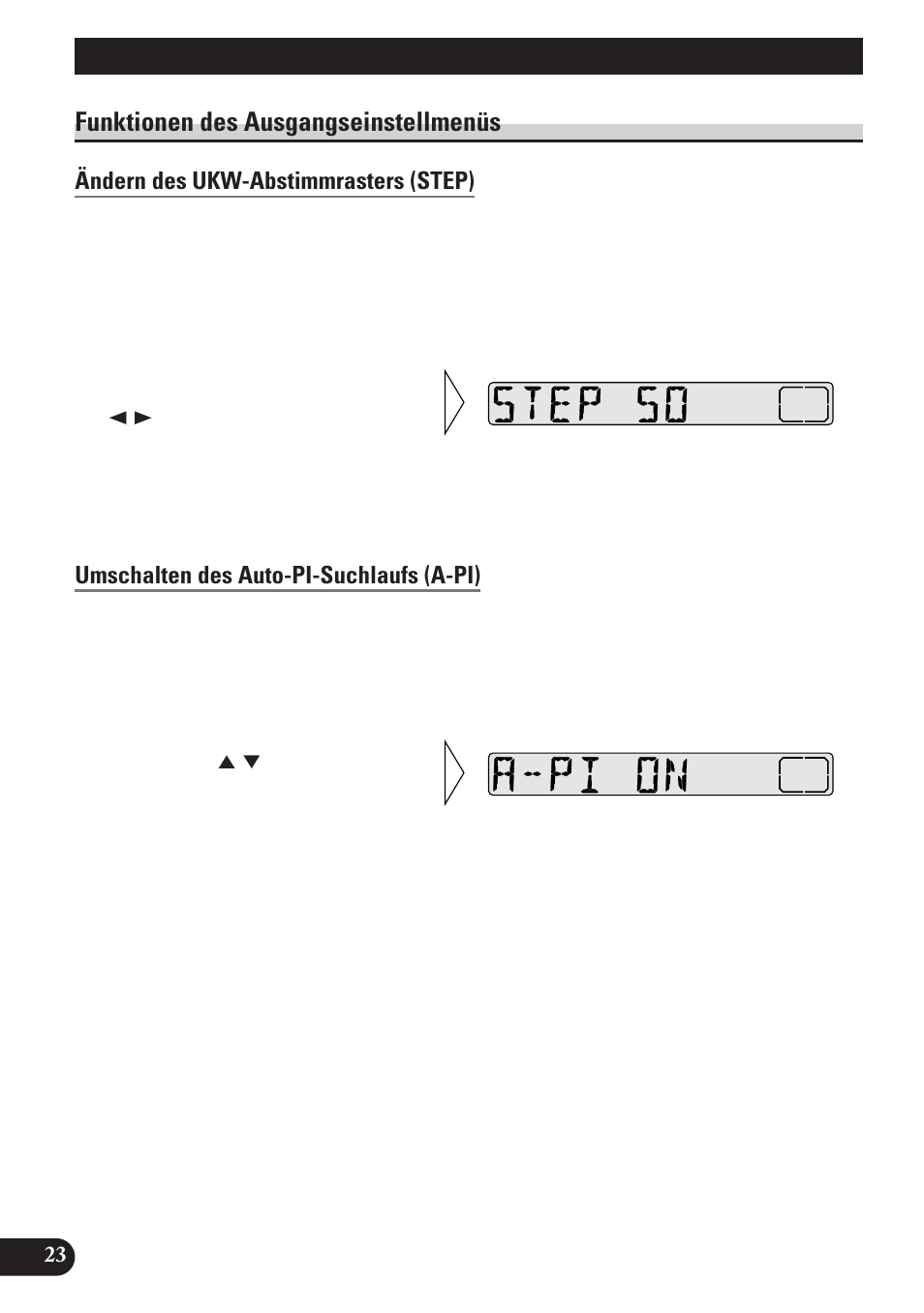 Funktionen des ausgangseinstellmenüs, Ändern des ukw-abstimmrasters (step), Umschalten des auto-pi-suchlaufs (a-pi) | Ausgangseinstellung | Pioneer DEH-2130R User Manual | Page 76 / 80