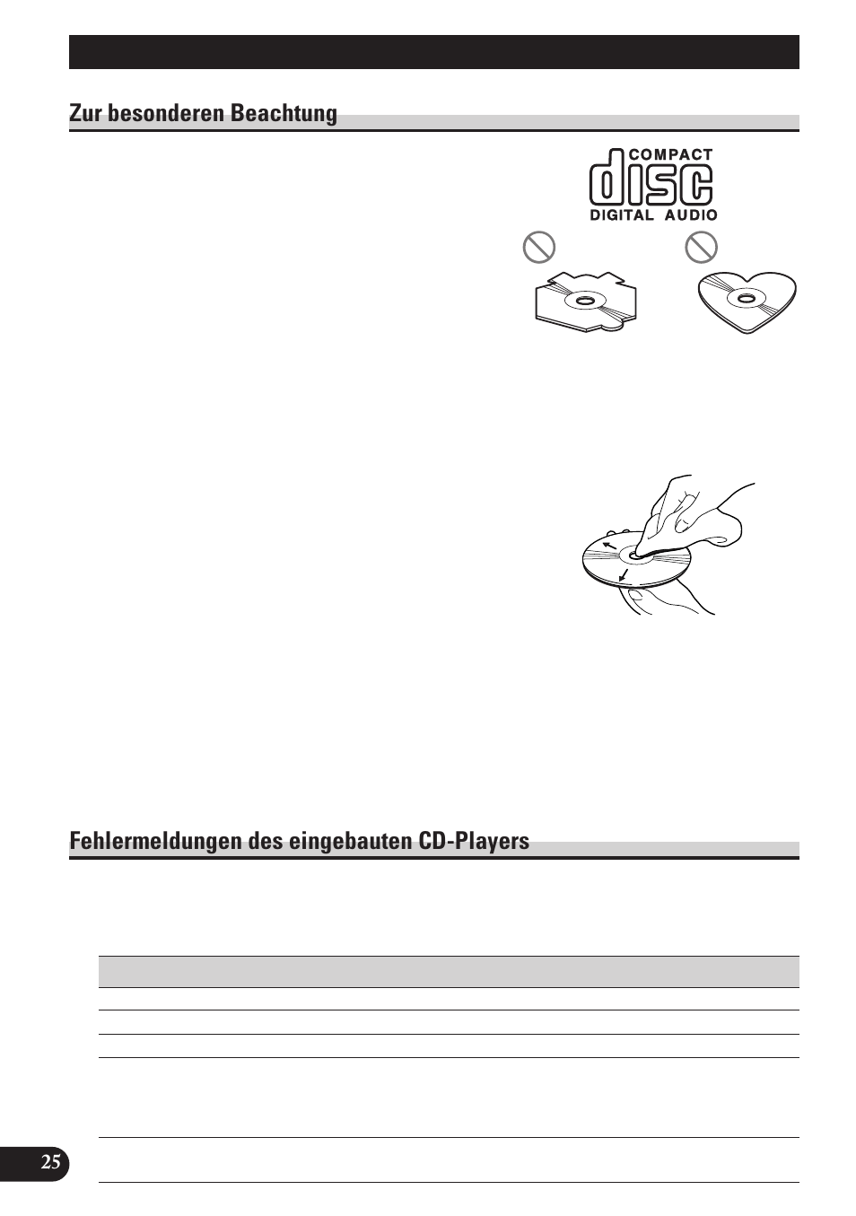 Handhabung von discs, Cd-players, Zur besonderen beachtung | Fehlermeldungen des eingebauten cd-players | Pioneer DEH-2130R User Manual | Page 78 / 80