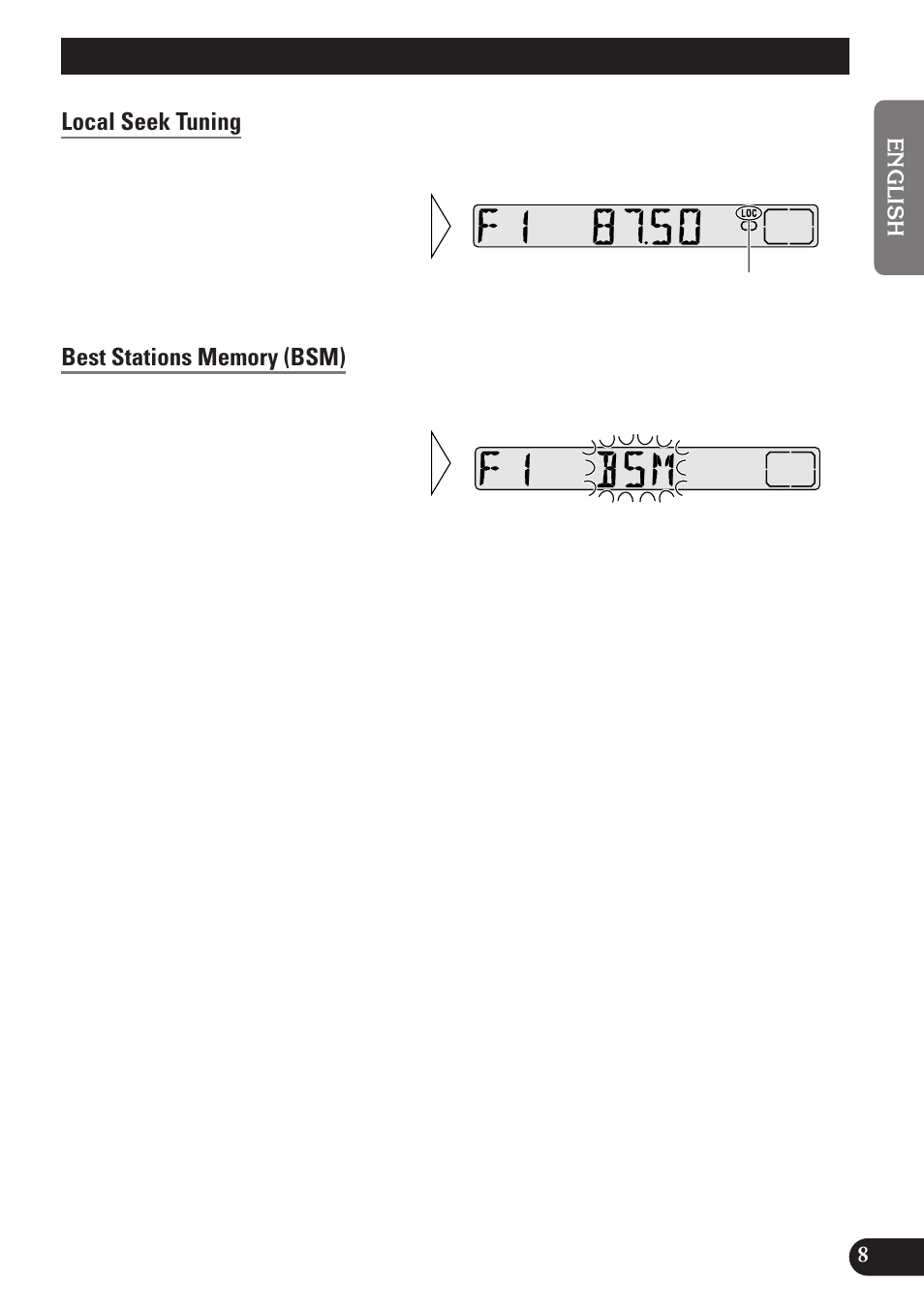 Tuner operation, Local seek tuning, Best stations memory (bsm) | A title (english) | Pioneer DEH-2130R User Manual | Page 9 / 80