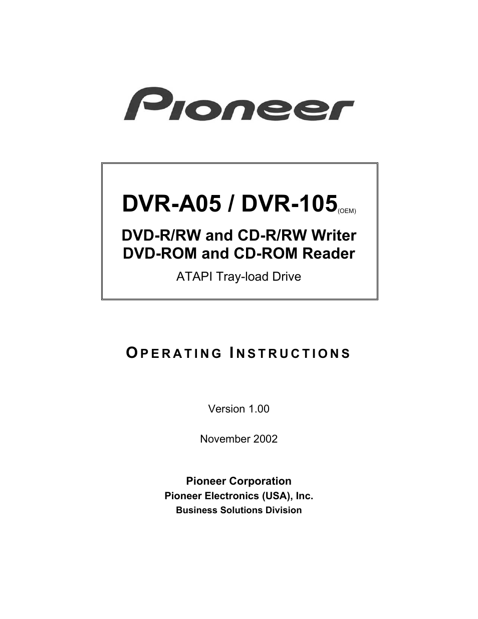 Pioneer Tray-Load Drive DVR-A05 User Manual | 14 pages