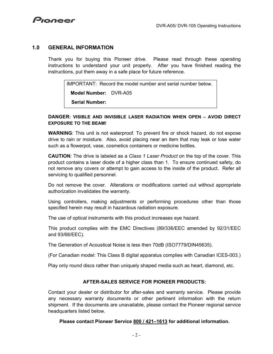 0general information | Pioneer Tray-Load Drive DVR-A05 User Manual | Page 5 / 14