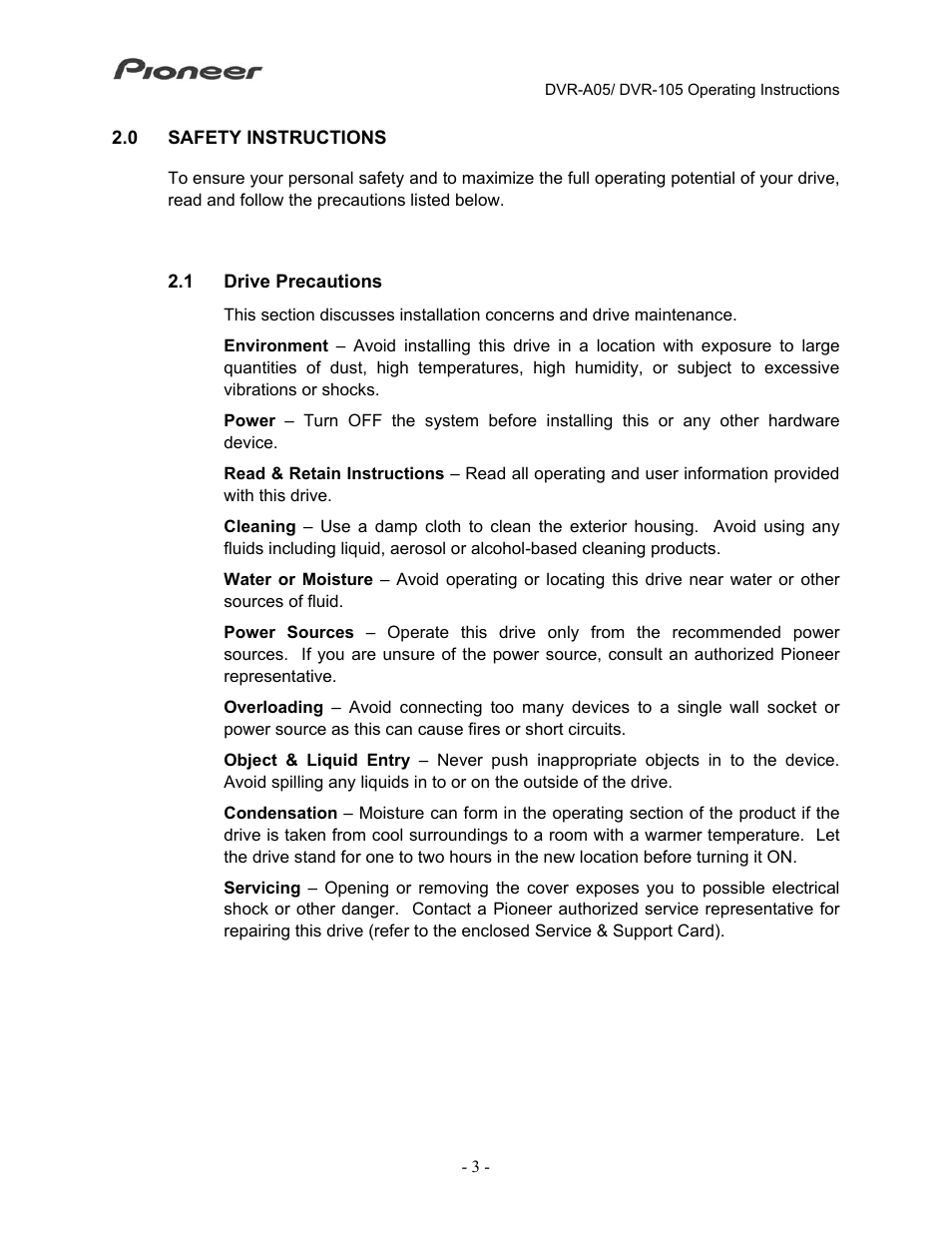 0safety instructions, 1drive precautions | Pioneer Tray-Load Drive DVR-A05 User Manual | Page 6 / 14