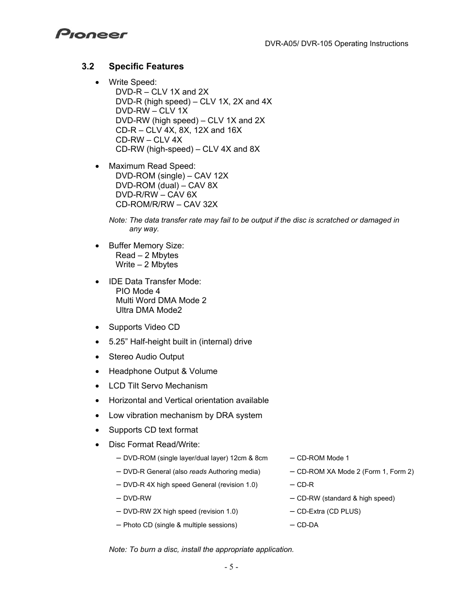 2specific features | Pioneer Tray-Load Drive DVR-A05 User Manual | Page 8 / 14