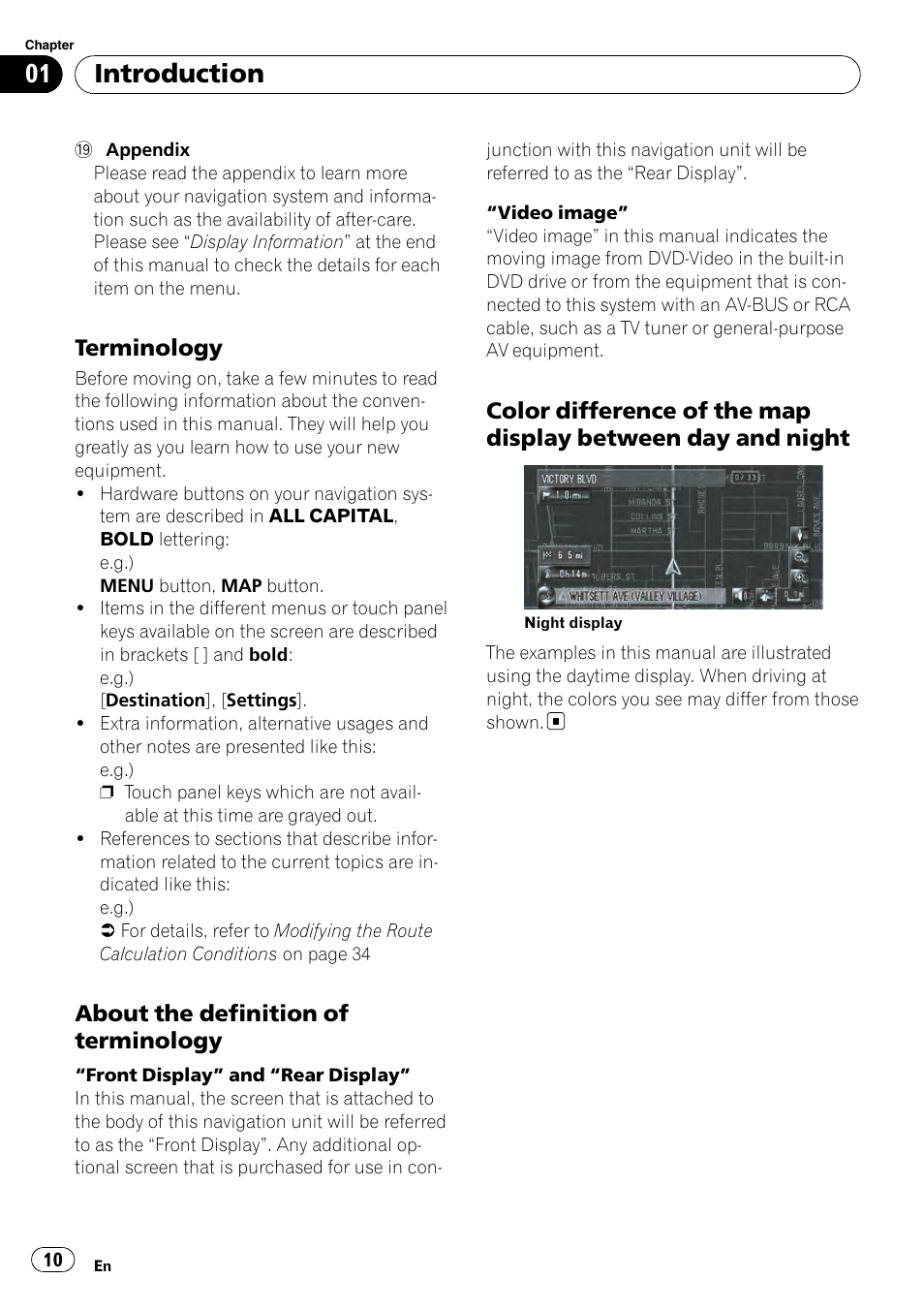 Terminology 10, About the definition of terminology 10, Color difference of the map display | Between day and night, Introduction, Terminology, About the definition of terminology | Pioneer AVIC-Z3 User Manual | Page 10 / 211