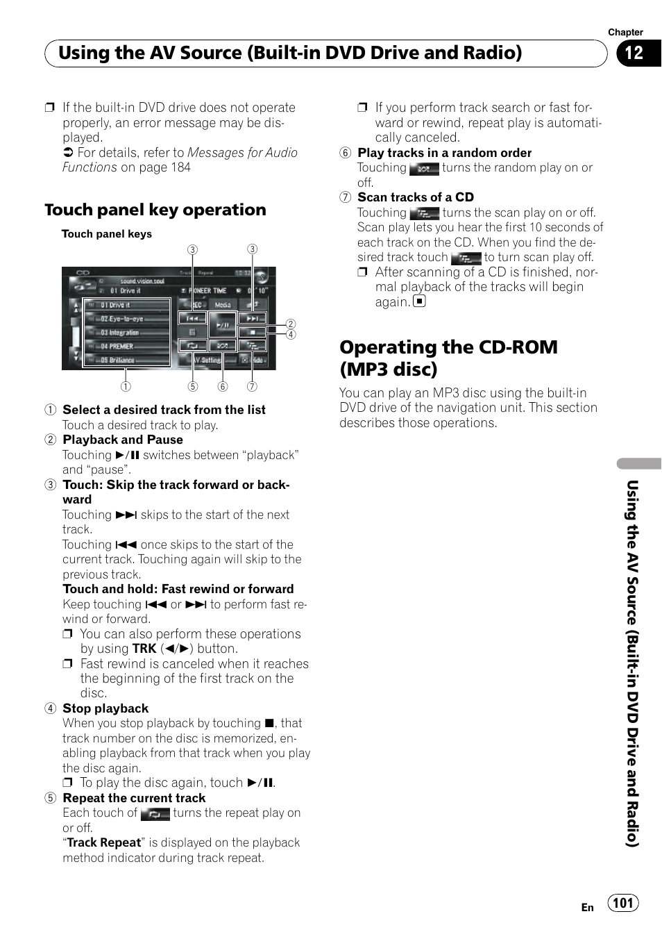 Touch panel key operation 101, Operating the cd-rom (mp3 disc), Using the av source (built-in dvd drive and radio) | Touch panel key operation | Pioneer AVIC-Z3 User Manual | Page 101 / 211