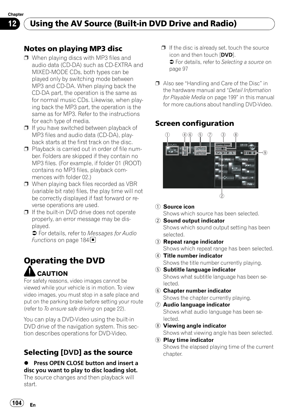 Notes on playing mp3 disc 104, Operating the dvd, Selecting [dvd] as the source 104 | Screen configuration 104, Using the av source (built-in dvd drive and radio), Selecting [dvd] as the source, Screen configuration | Pioneer AVIC-Z3 User Manual | Page 104 / 211