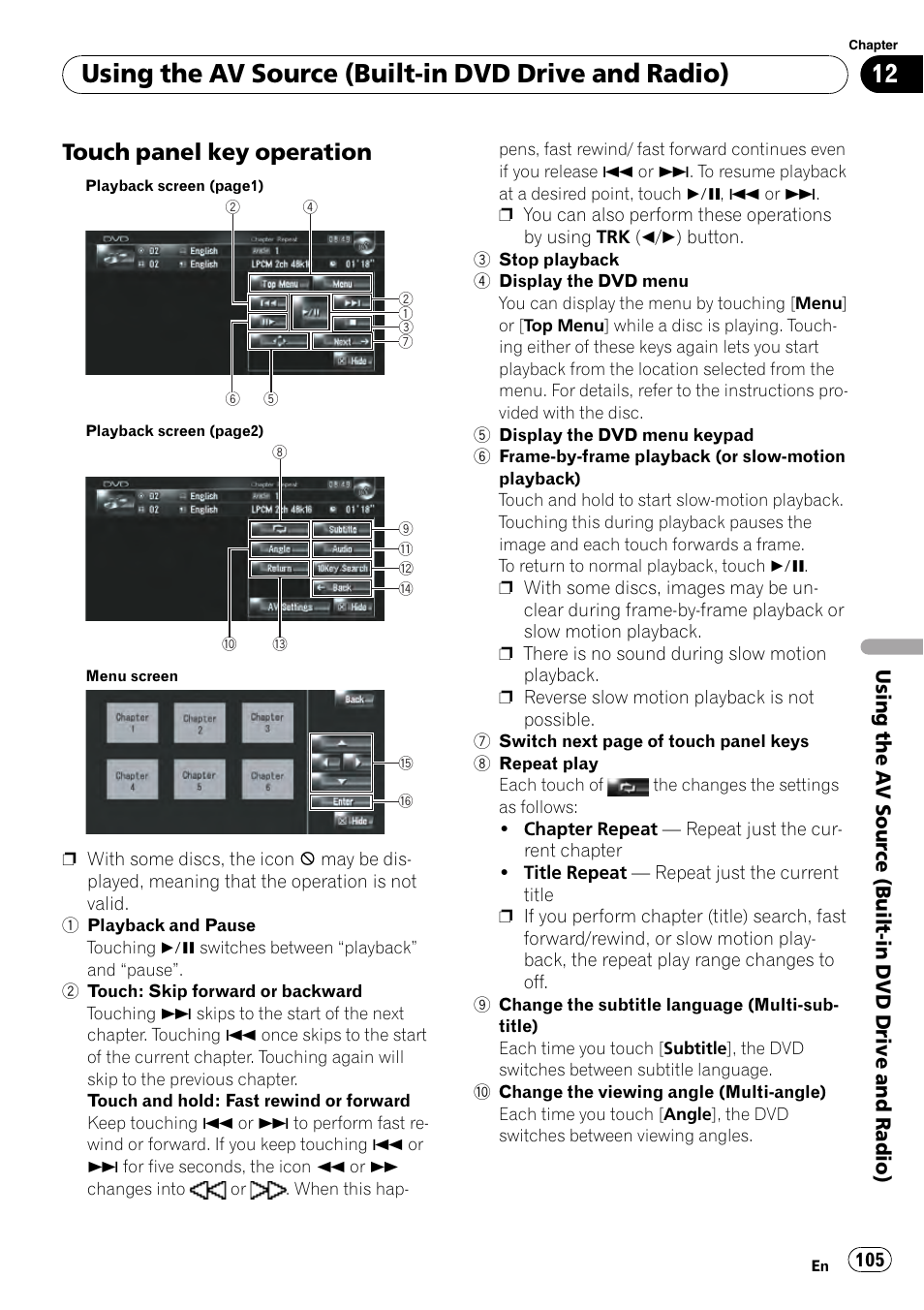 Touch panel key operation 105, Using the av source (built-in dvd drive and radio), Touch panel key operation | Pioneer AVIC-Z3 User Manual | Page 105 / 211