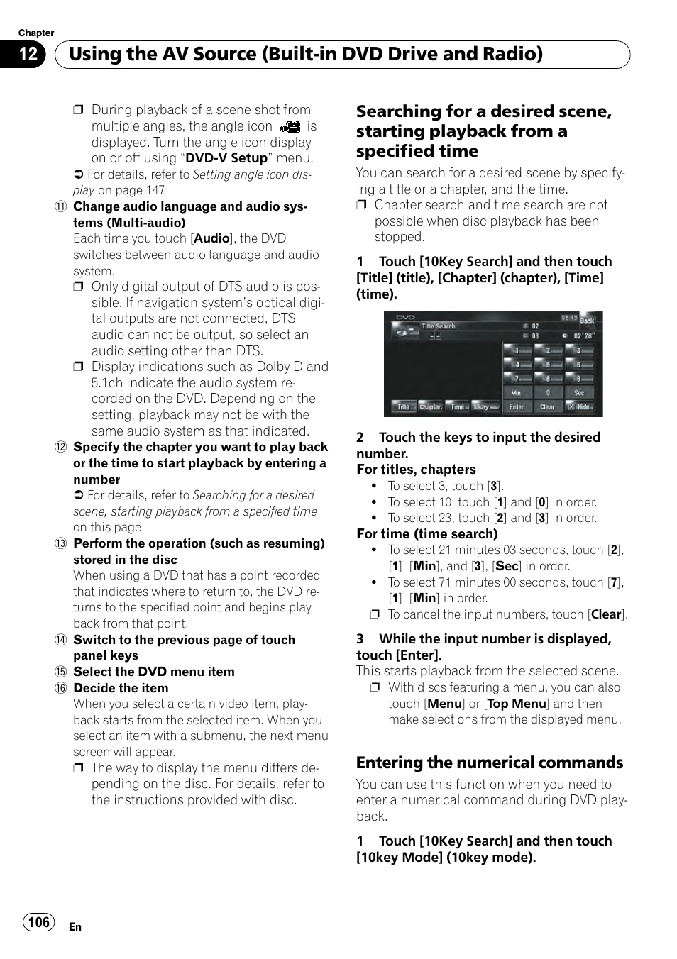 Searching for a desired scene, starting, Playback from a specified time, Entering the numerical | Commands, Using the av source (built-in dvd drive and radio), Entering the numerical commands | Pioneer AVIC-Z3 User Manual | Page 106 / 211