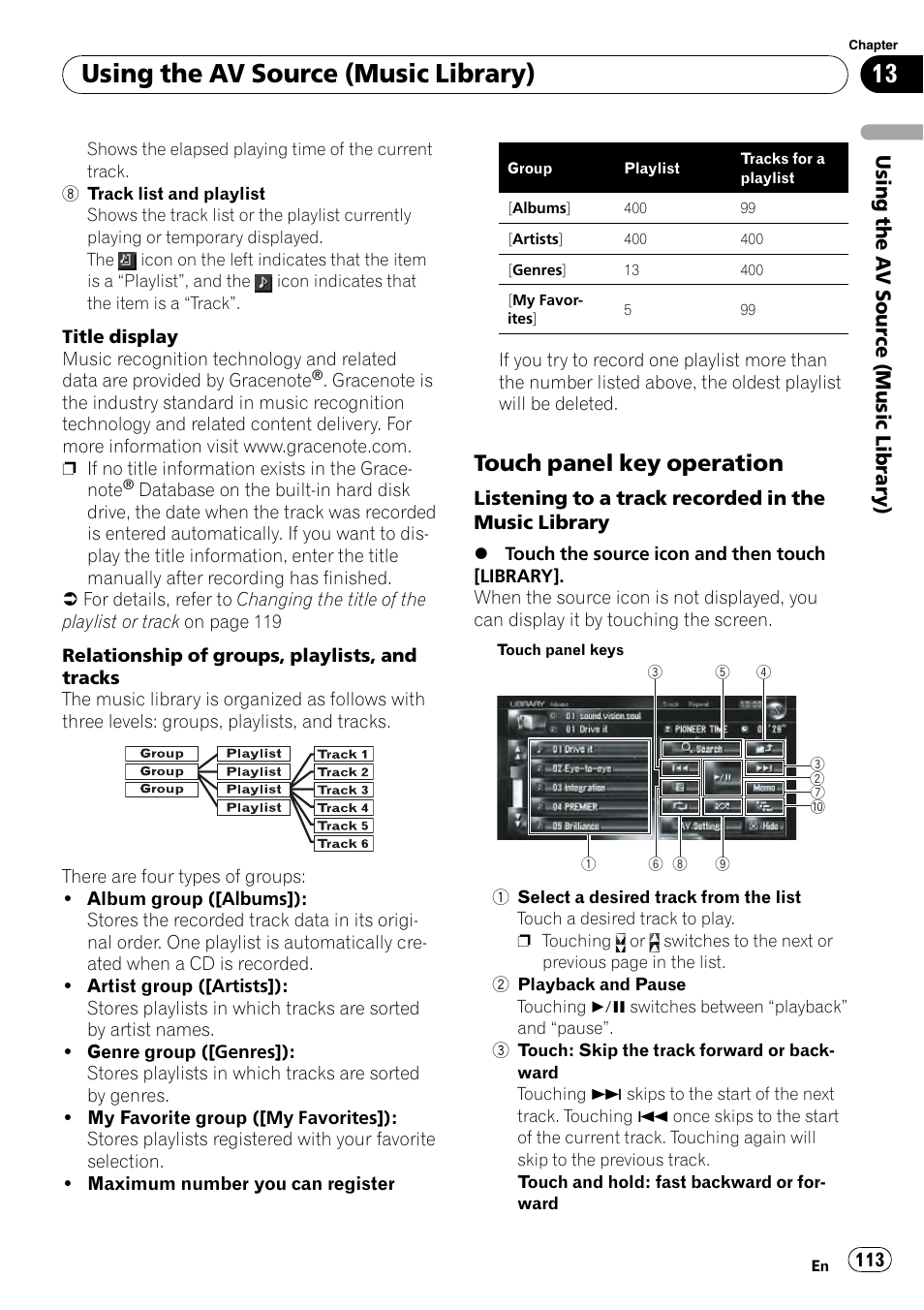 Touch panel key operation 113, Using the av source (music library), Touch panel key operation | Using the a v source (music library) | Pioneer AVIC-Z3 User Manual | Page 113 / 211