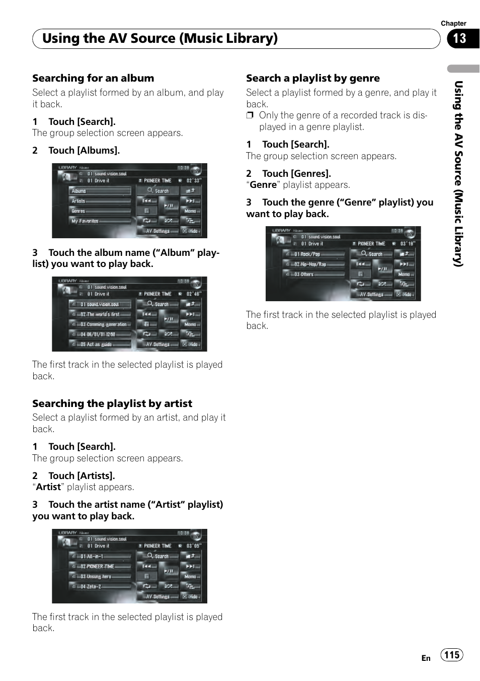 Using the av source (music library) | Pioneer AVIC-Z3 User Manual | Page 115 / 211