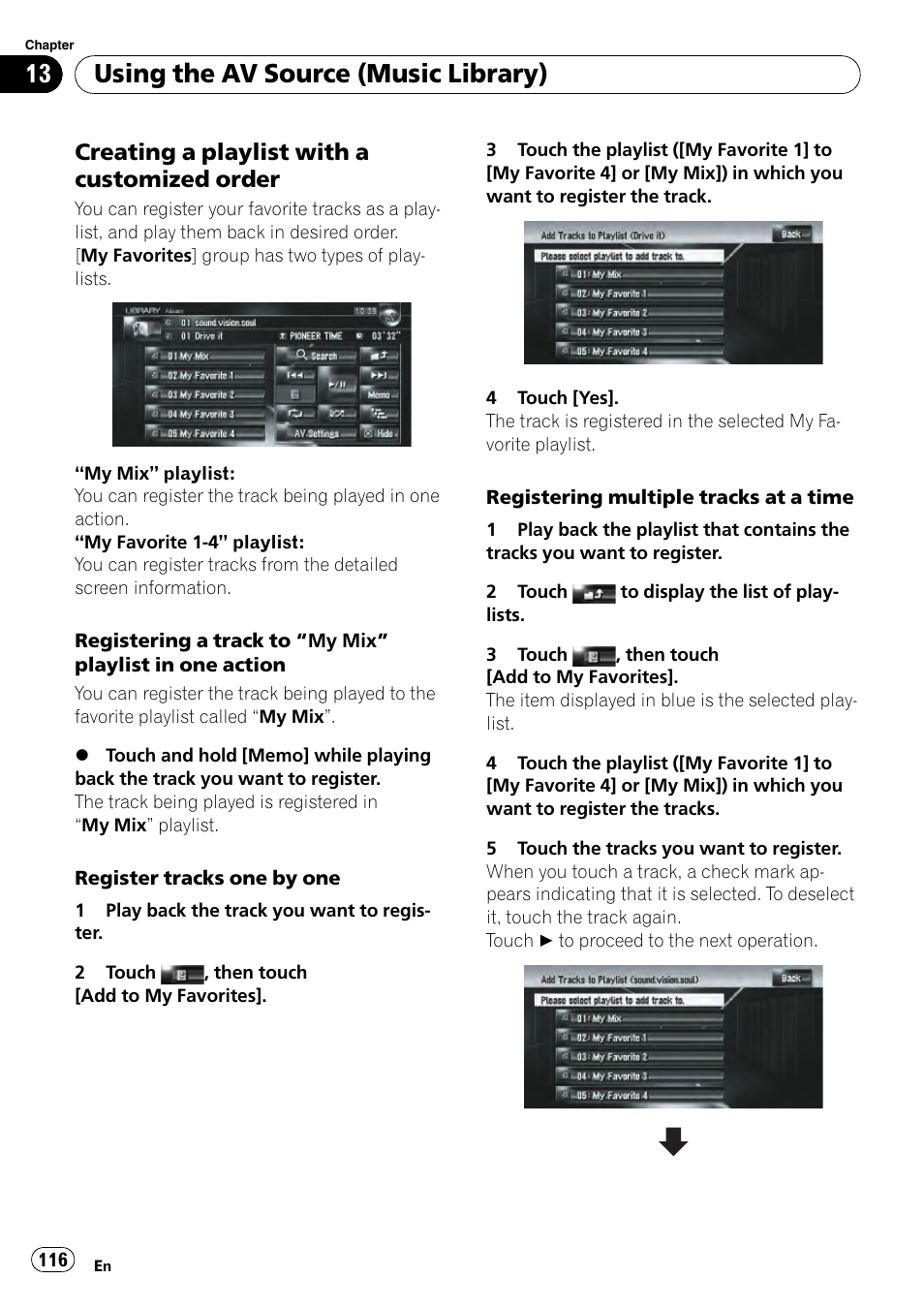 Creating a playlist with a customized, Order, Registering a track to | Using the av source (music library), Creating a playlist with a customized order | Pioneer AVIC-Z3 User Manual | Page 116 / 211