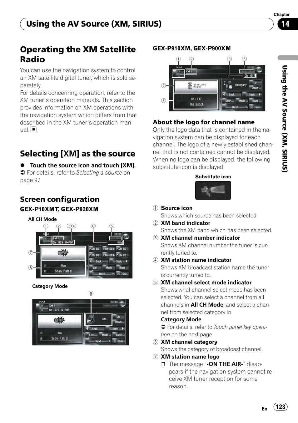 Selecting [xm] as the source, Screen configuration 123, Operating the xm satellite radio | Using the av source (xm, sirius), Screen configuration | Pioneer AVIC-Z3 User Manual | Page 123 / 211