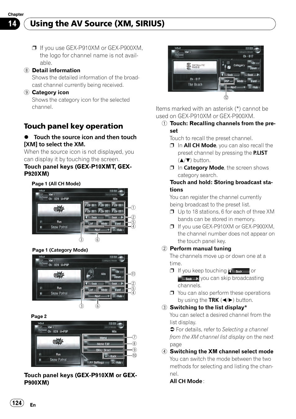 Touch panel key operation 124, Using the av source (xm, sirius), Touch panel key operation | Pioneer AVIC-Z3 User Manual | Page 124 / 211