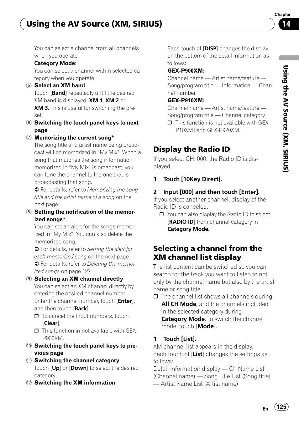 Display the radio id 125, Selecting a channel from the xm, Channel list display | Using the av source (xm, sirius), Display the radio id | Pioneer AVIC-Z3 User Manual | Page 125 / 211