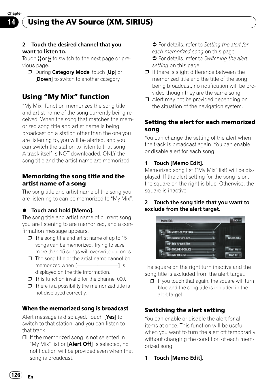 Using “my mix” function 126, Using the av source (xm, sirius), Using “my mix” function | Pioneer AVIC-Z3 User Manual | Page 126 / 211