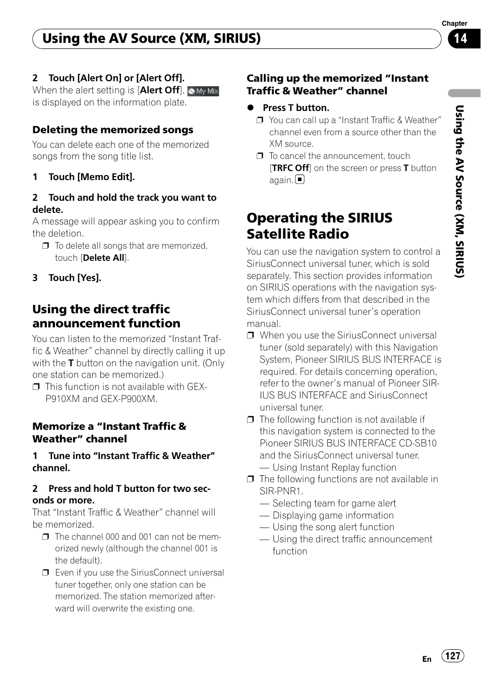 Using the direct traffic announcement, Function, Operating the sirius satellite radio | Using the av source (xm, sirius), Using the direct traffic announcement function | Pioneer AVIC-Z3 User Manual | Page 127 / 211