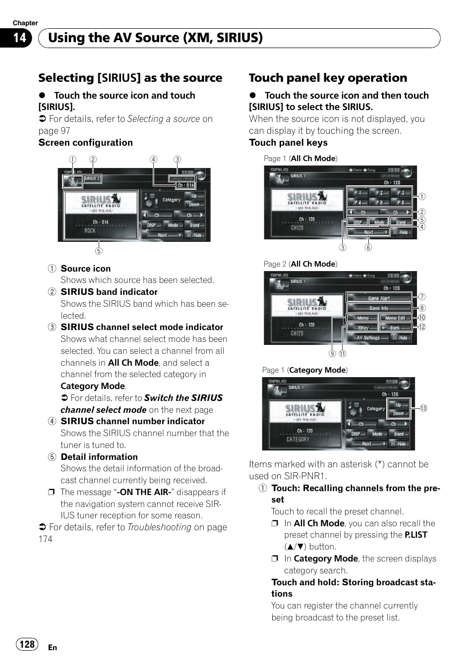 Selecting [sirius] as the source 128, Touch panel key operation 128, Using the av source (xm, sirius) | Selecting [sirius] as the source, Touch panel key operation | Pioneer AVIC-Z3 User Manual | Page 128 / 211