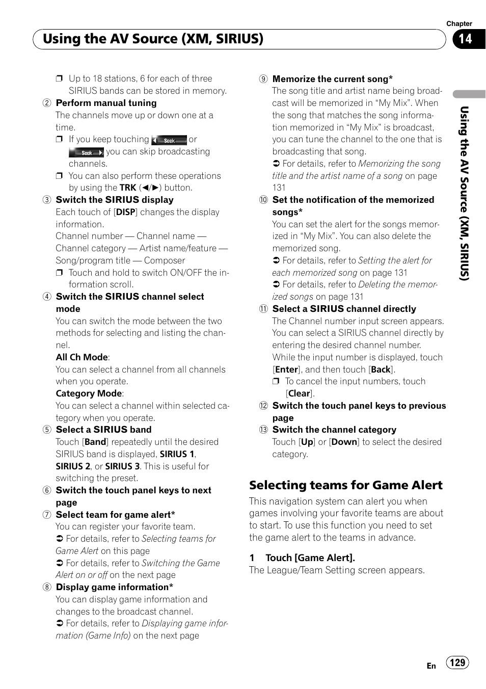 Selecting teams for game alert 129, Using the av source (xm, sirius), Selecting teams for game alert | Pioneer AVIC-Z3 User Manual | Page 129 / 211