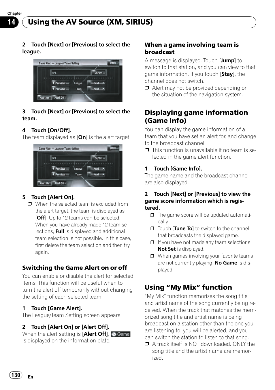 Displaying game information (game, Info), Using “my mix” function 130 | Using the av source (xm, sirius), Displaying game information (game info), Using “my mix” function | Pioneer AVIC-Z3 User Manual | Page 130 / 211