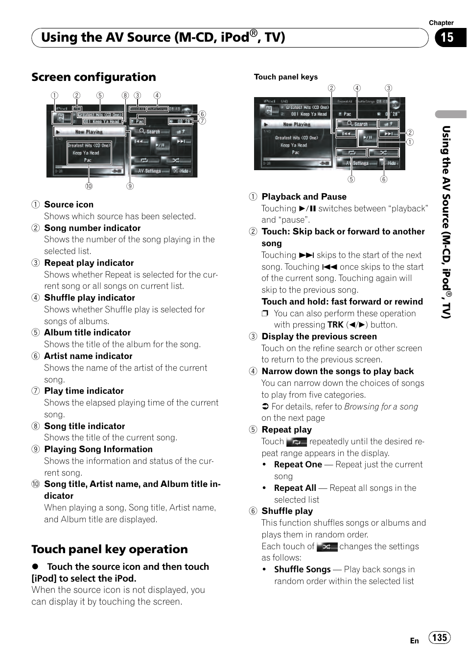 Screen configuration 135, Touch panel key operation 135, Using the av source (m-cd, ipod | Screen configuration, Touch panel key operation | Pioneer AVIC-Z3 User Manual | Page 135 / 211