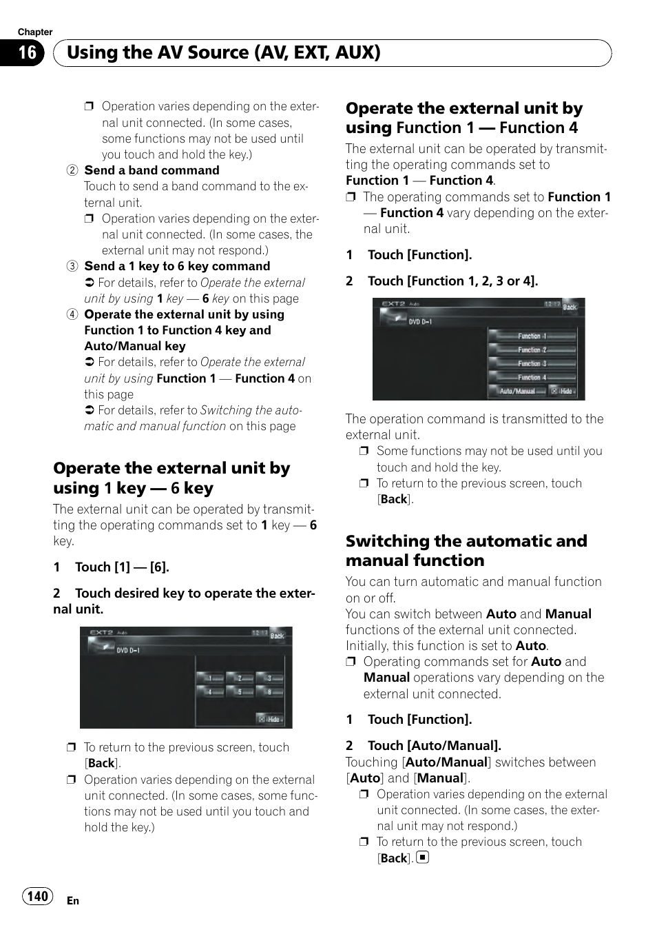 Operate the external unit by using 1 key, 6 key 140, Operate the external unit by using | Function 1, Function 4 140, Switching the automatic and manual, Function, Using the av source (av, ext, aux), Operate the external unit by using 1 key — 6 key, Switching the automatic and manual function | Pioneer AVIC-Z3 User Manual | Page 140 / 211