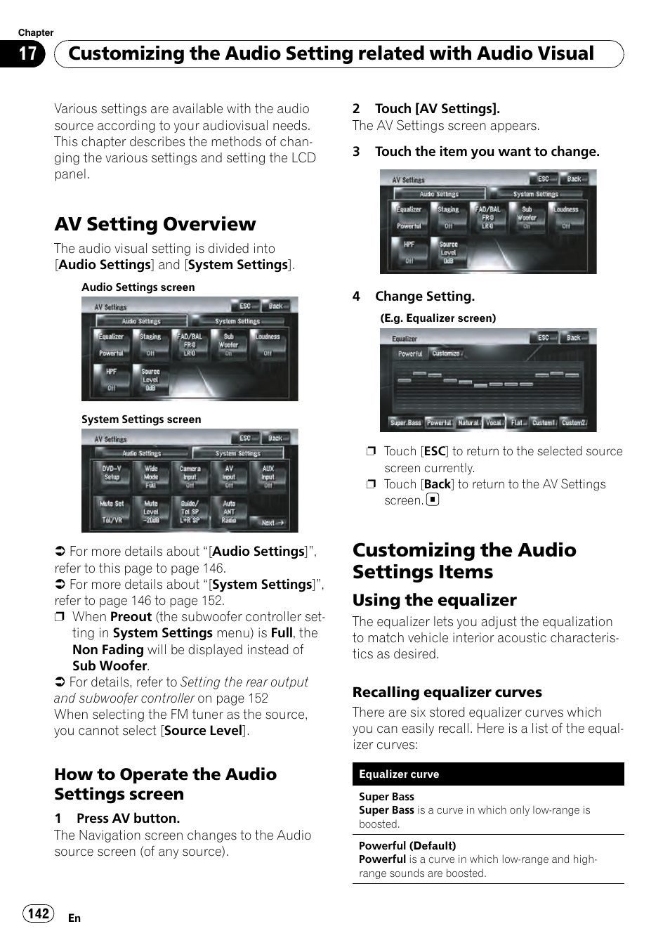 How to operate the audio settings, Screen, Customizing the audio settings items | Using the equalizer 142, Av setting overview, How to operate the audio settings screen, Using the equalizer | Pioneer AVIC-Z3 User Manual | Page 142 / 211