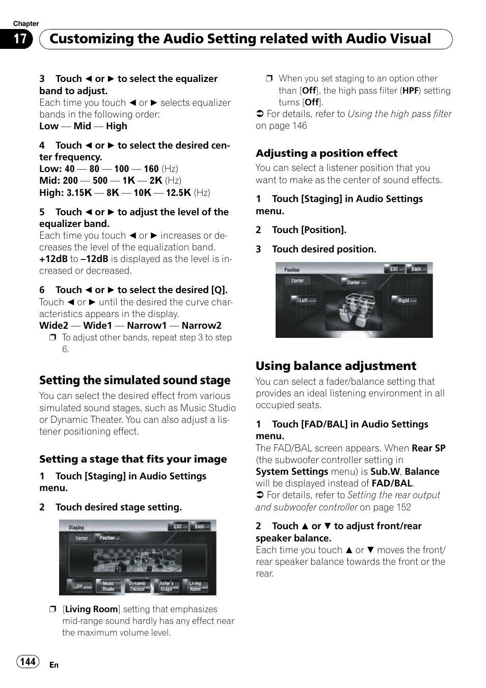 Setting the simulated sound, Stage, Using balance adjustment 144 | Setting the simulated sound stage, Using balance adjustment | Pioneer AVIC-Z3 User Manual | Page 144 / 211