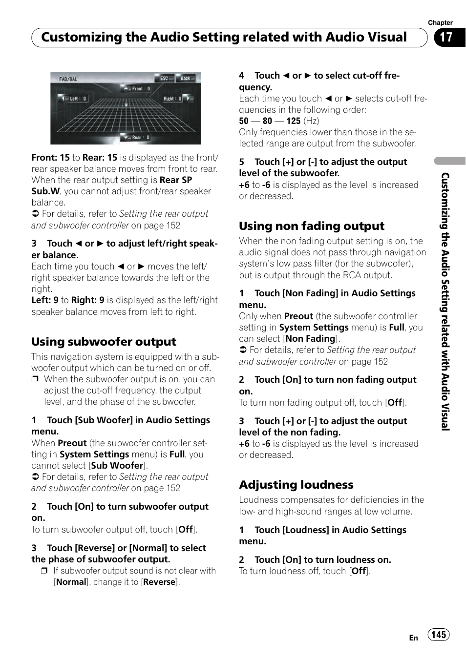 Using subwoofer output 145, Using non fading output 145, Adjusting loudness 145 | Using subwoofer output, Using non fading output, Adjusting loudness | Pioneer AVIC-Z3 User Manual | Page 145 / 211