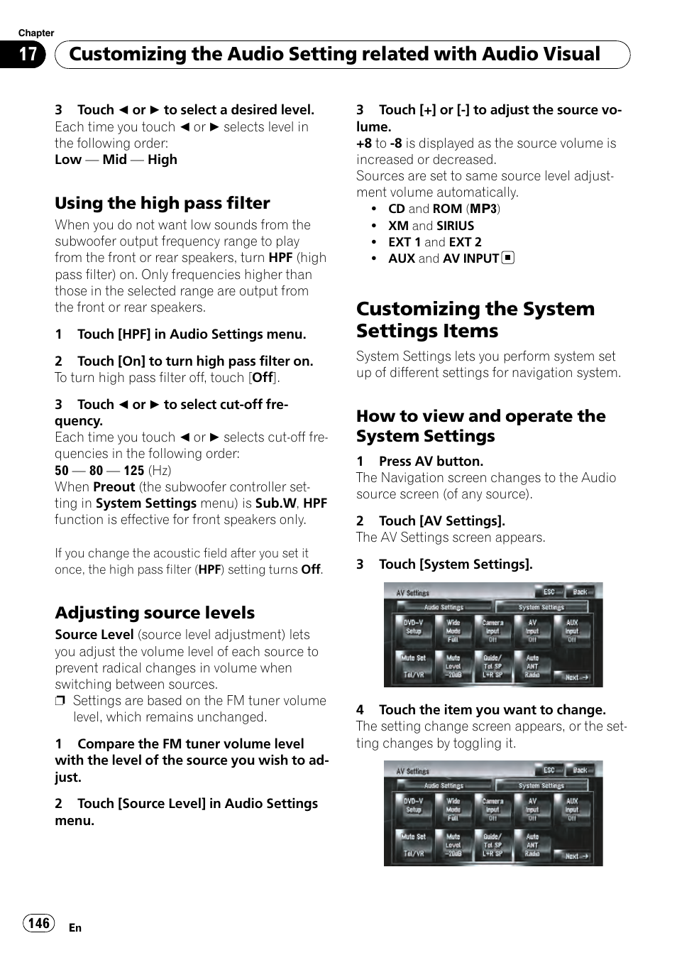 Using the high pass filter 146, Adjusting source levels 146, Customizing the system settings items | How to view and operate the system, Settings, Using the high pass filter, Adjusting source levels, How to view and operate the system settings | Pioneer AVIC-Z3 User Manual | Page 146 / 211